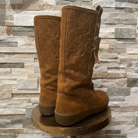 Coach Tulip Tullip Boots 8.5 | Honey Tan Suede Leather Fur, Signature C Embossed - Picture 9 of 11